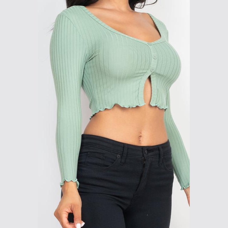 Ribbed Button Front Split Long Sleeve Top