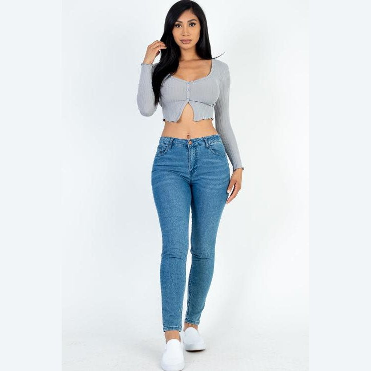 Ribbed Button Front Split Long Sleeve Top