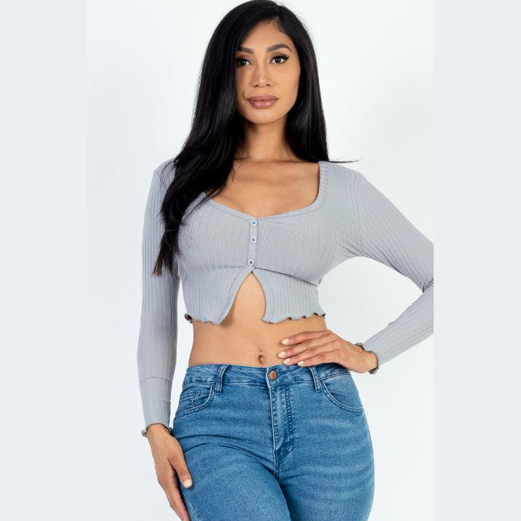 Ribbed Button Front Split Long Sleeve Top