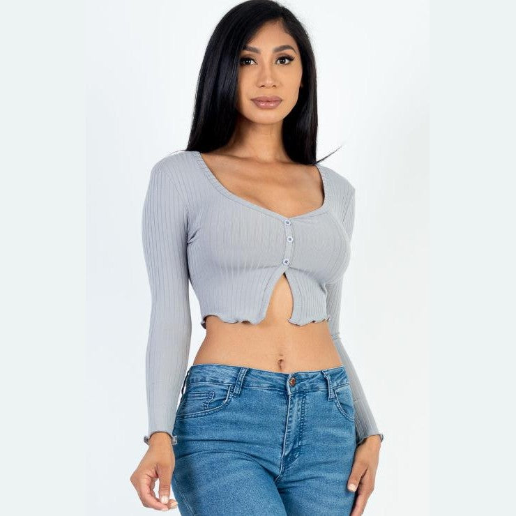 Ribbed Button Front Split Long Sleeve Top