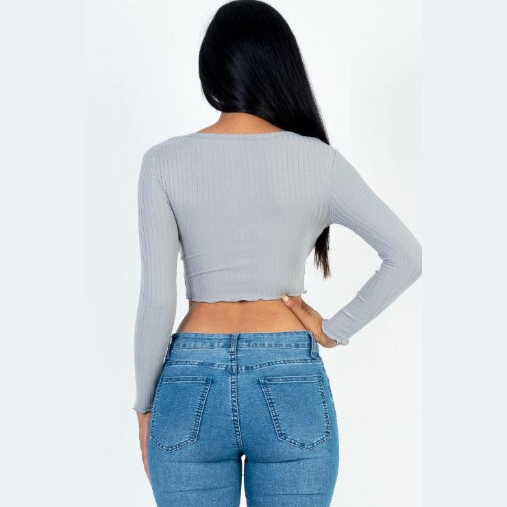 Ribbed Button Front Split Long Sleeve Top