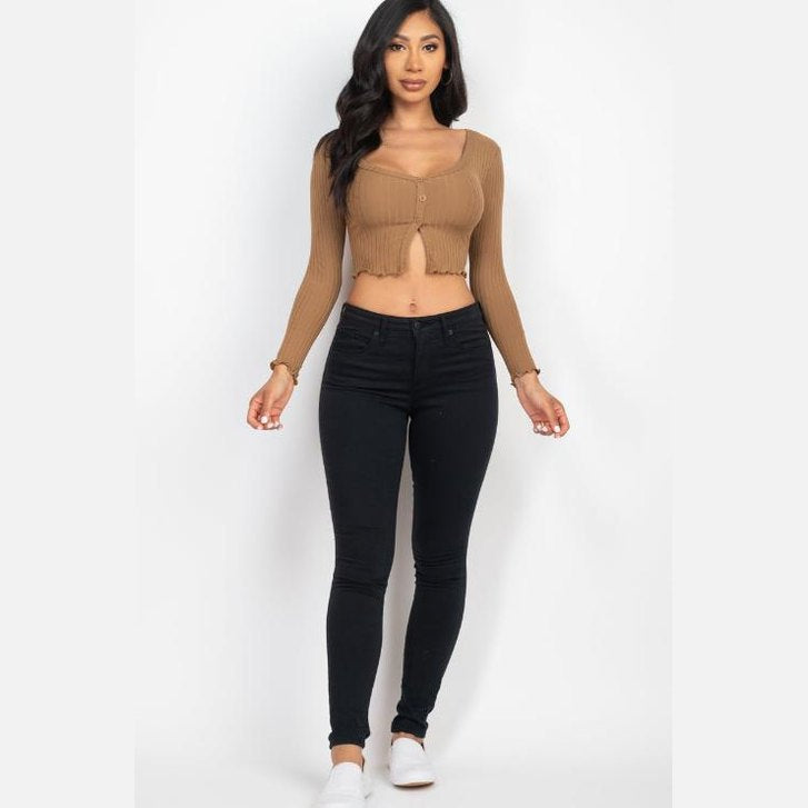 Ribbed Button Front Split Long Sleeve Top
