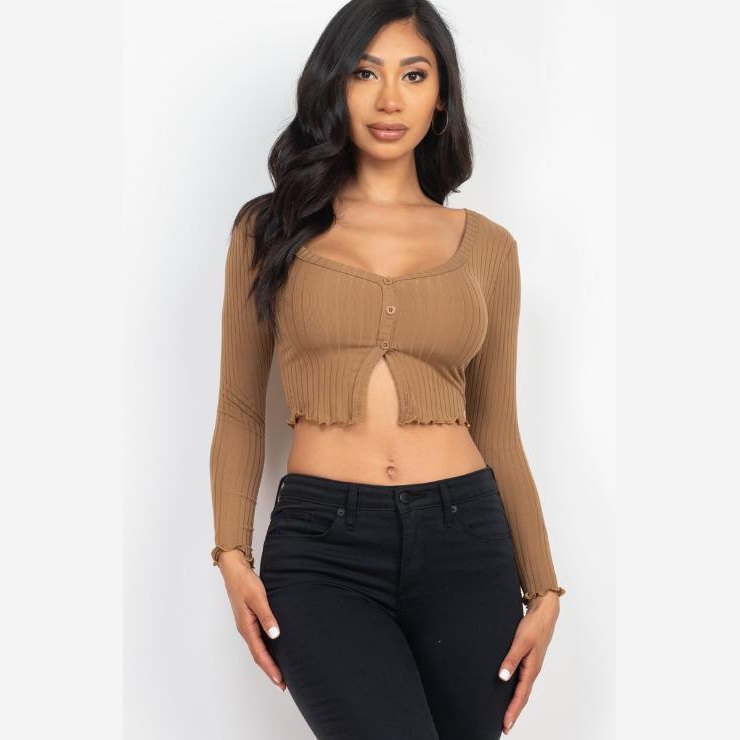 Ribbed Button Front Split Long Sleeve Top