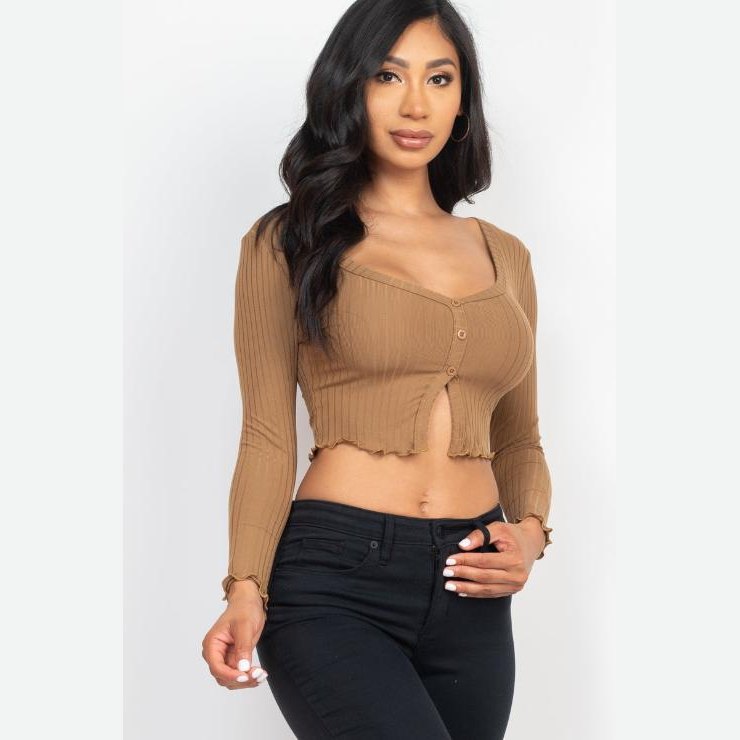 Ribbed Button Front Split Long Sleeve Top