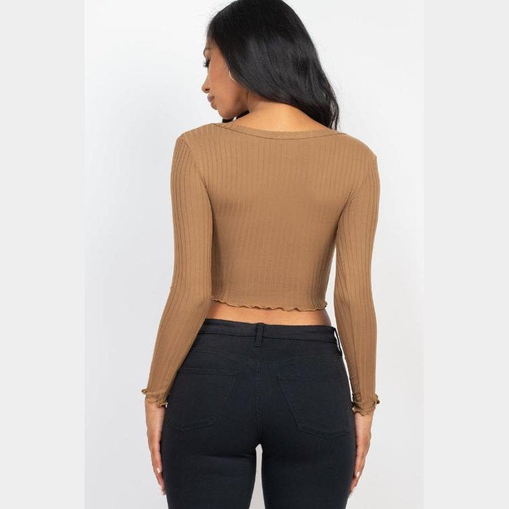 Ribbed Button Front Split Long Sleeve Top