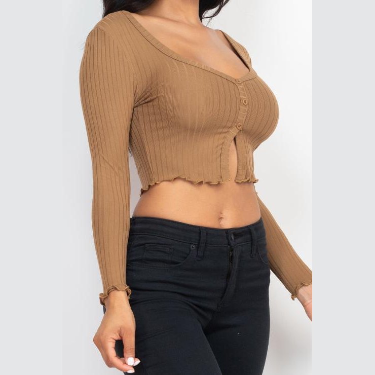 Ribbed Button Front Split Long Sleeve Top