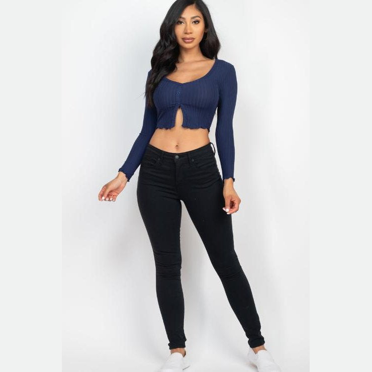 Ribbed Button Front Split Long Sleeve Top