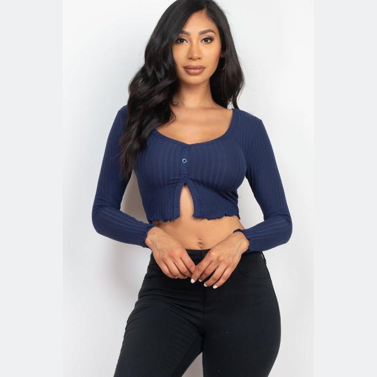 Ribbed Button Front Split Long Sleeve Top