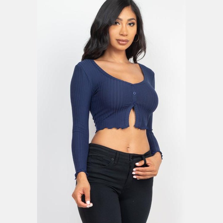 Ribbed Button Front Split Long Sleeve Top