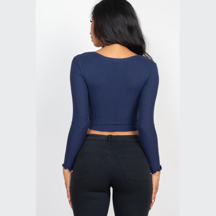 Ribbed Button Front Split Long Sleeve Top