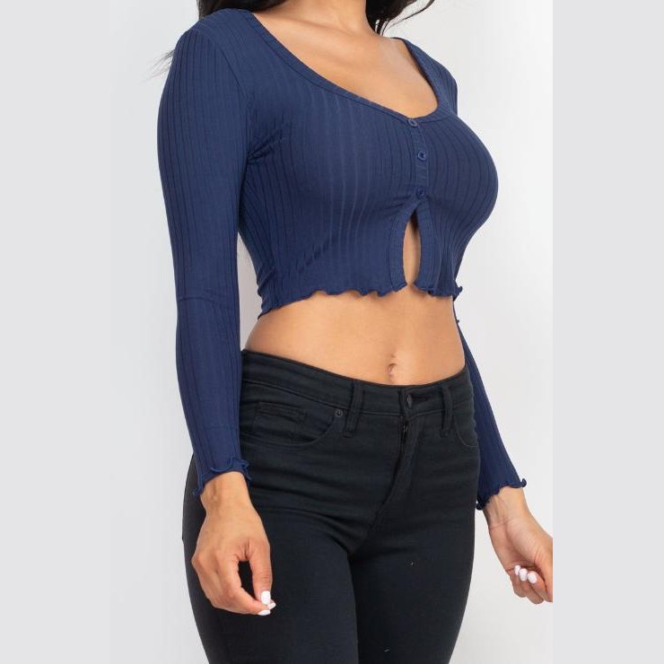 Ribbed Button Front Split Long Sleeve Top