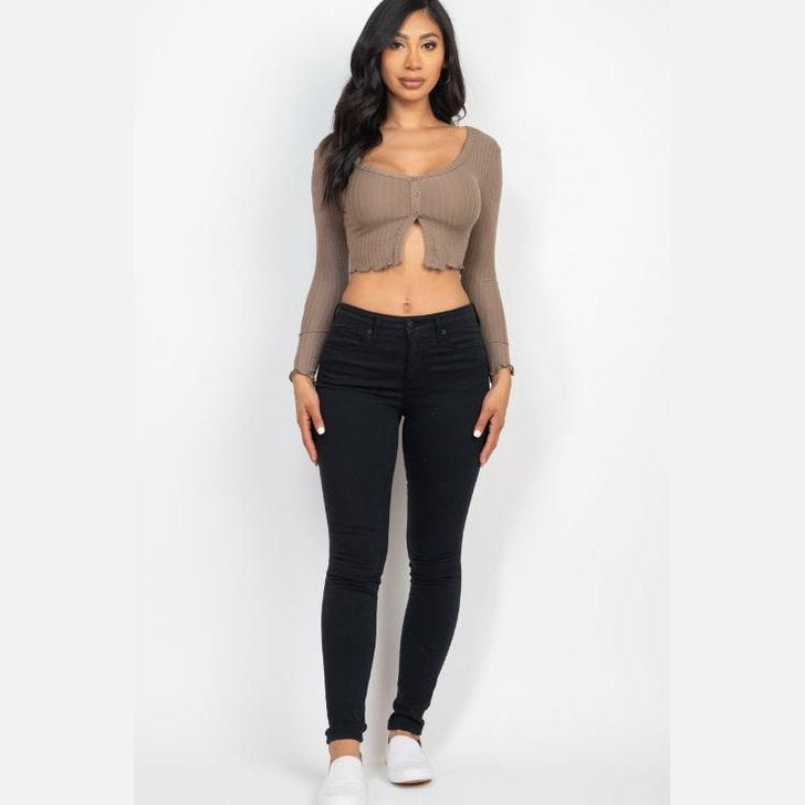 Ribbed Button Front Split Long Sleeve Top
