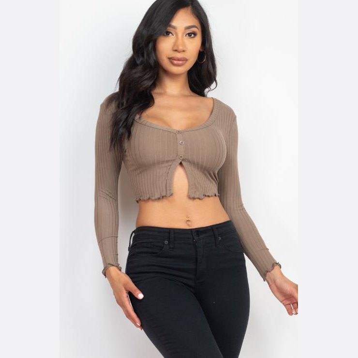 Ribbed Button Front Split Long Sleeve Top