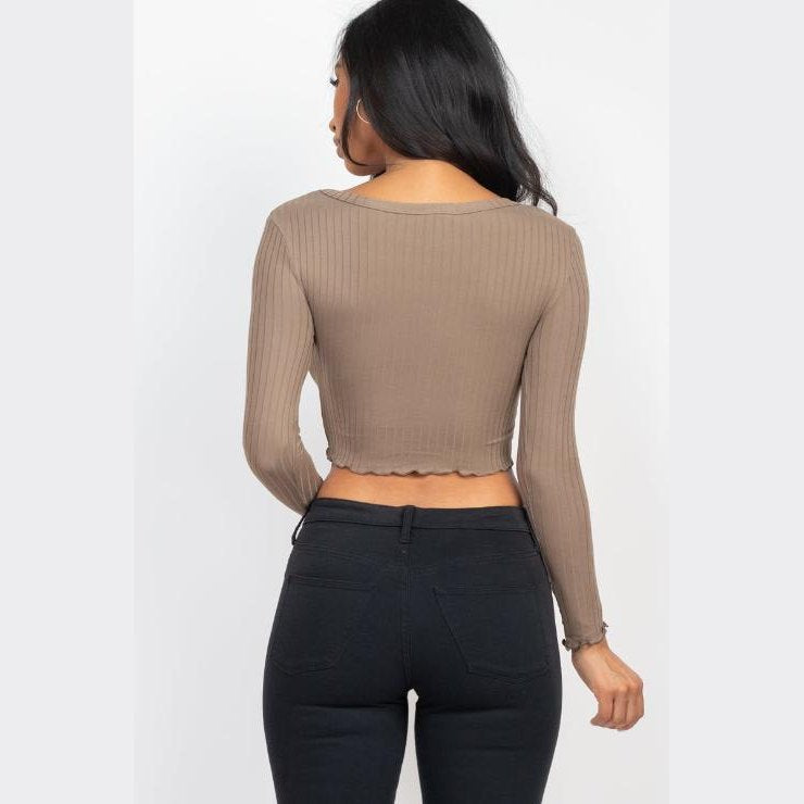 Ribbed Button Front Split Long Sleeve Top