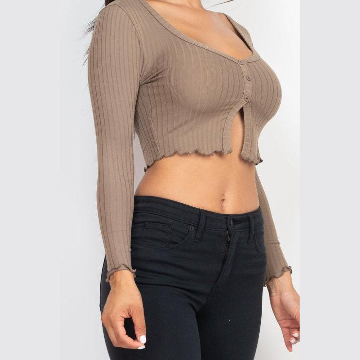 Ribbed Button Front Split Long Sleeve Top