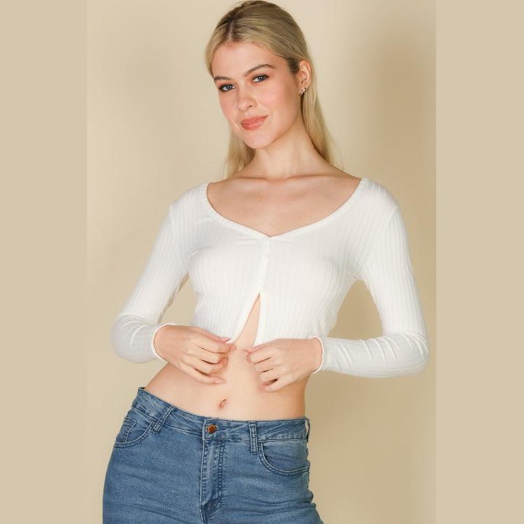 Ribbed Button Front Split Long Sleeve Top