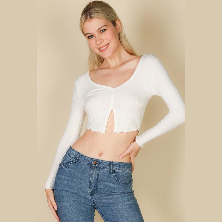 Ribbed Button Front Split Long Sleeve Top