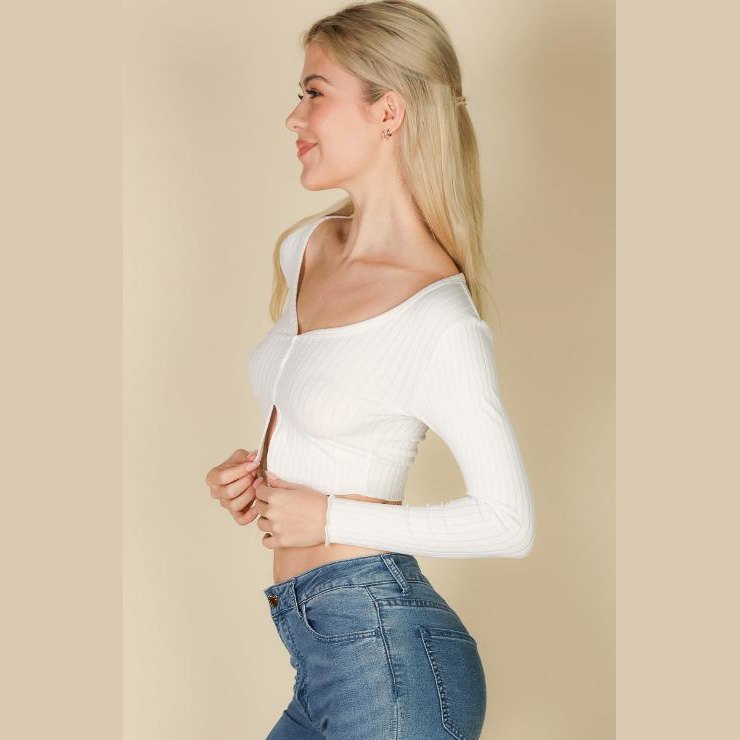 Ribbed Button Front Split Long Sleeve Top