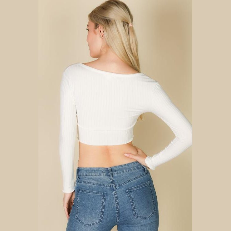 Ribbed Button Front Split Long Sleeve Top