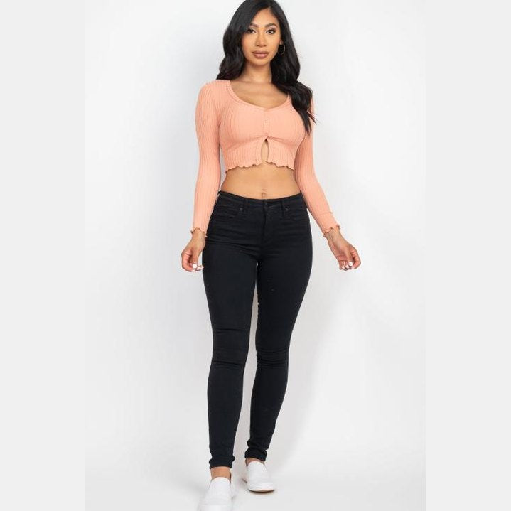 Ribbed Button Front Split Long Sleeve Top