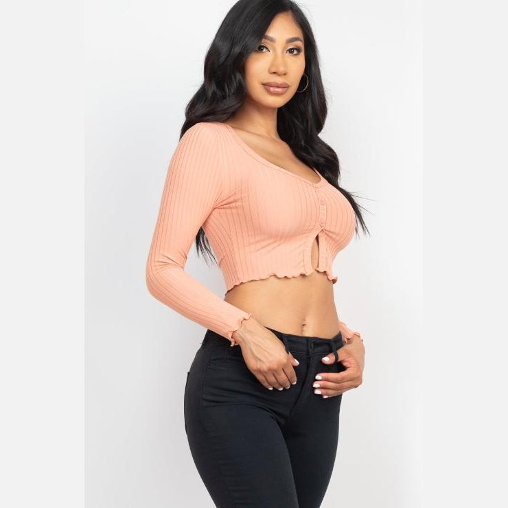 Ribbed Button Front Split Long Sleeve Top