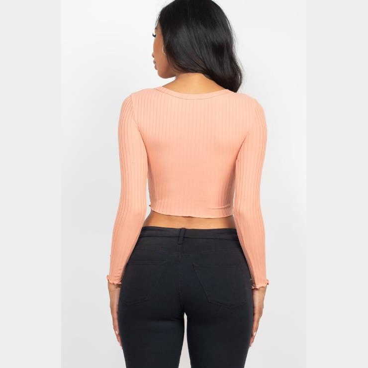 Ribbed Button Front Split Long Sleeve Top
