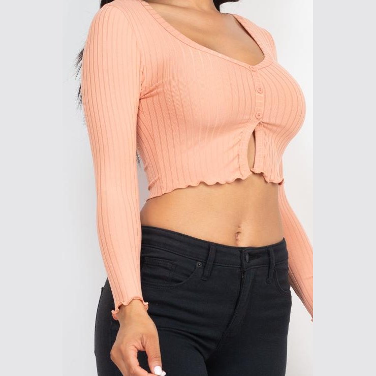 Ribbed Button Front Split Long Sleeve Top