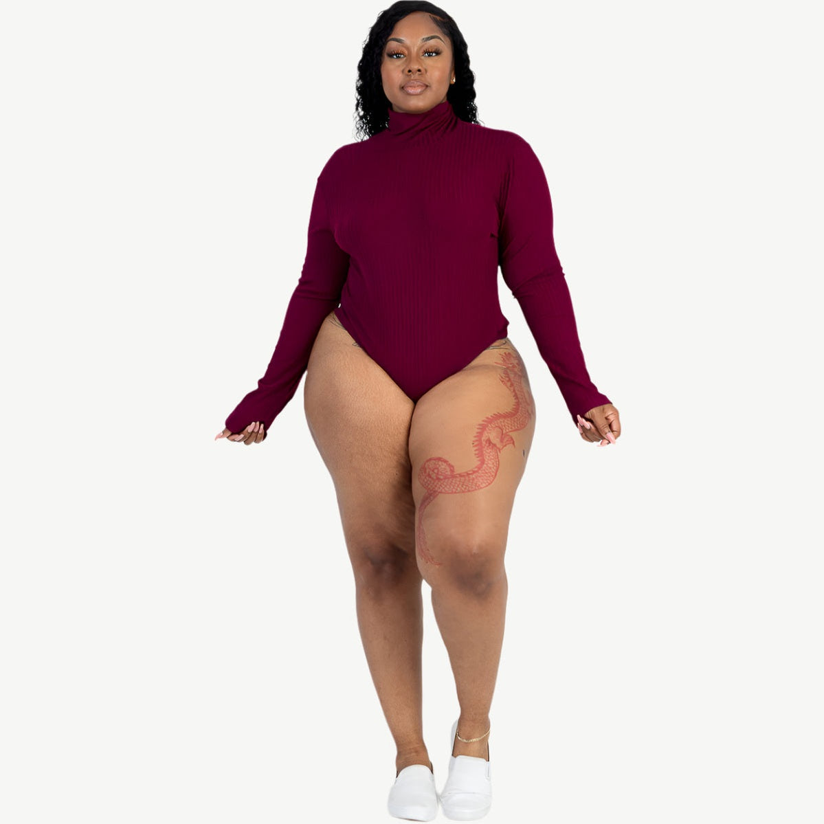 Plus Size Ribbed Turtleneck Long Sleeve Bodysuit