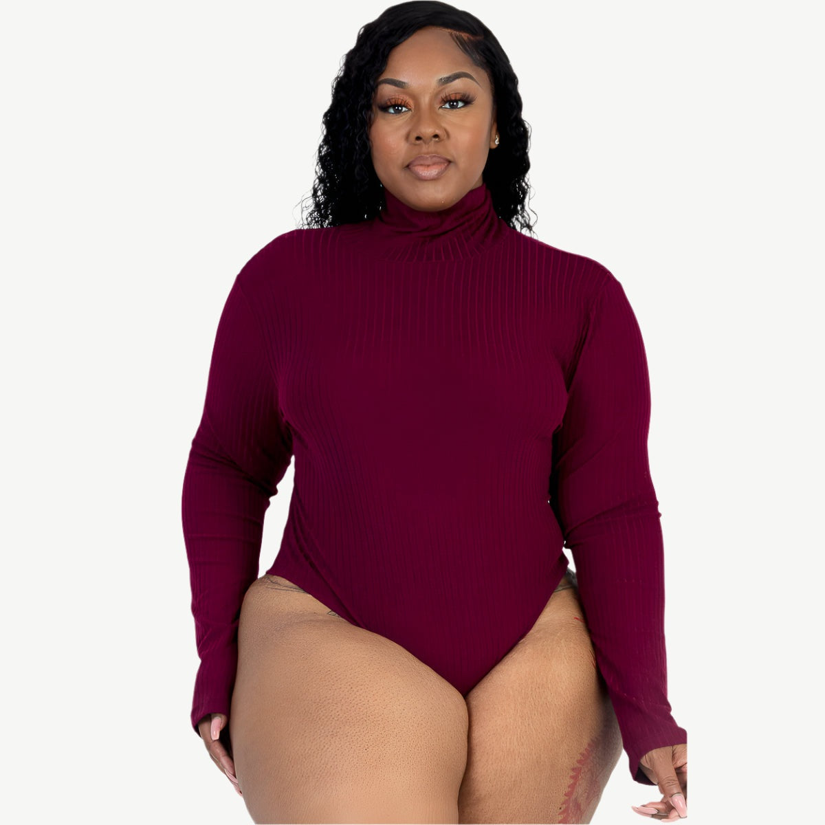 Plus Size Ribbed Turtleneck Long Sleeve Bodysuit