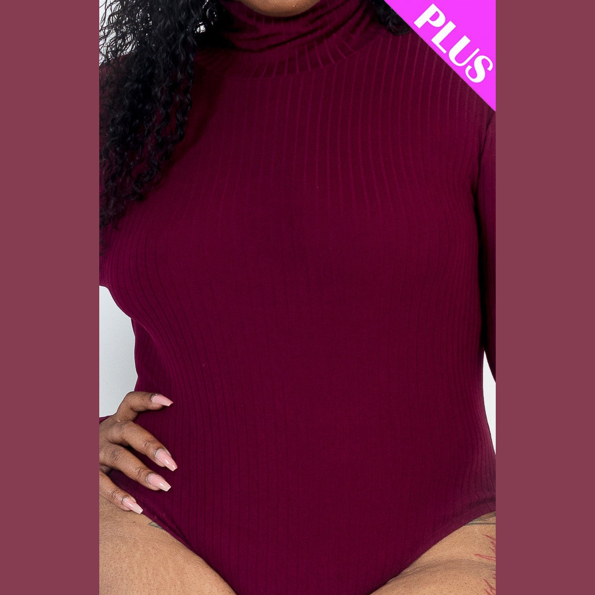 Plus Size Ribbed Turtleneck Long Sleeve Bodysuit