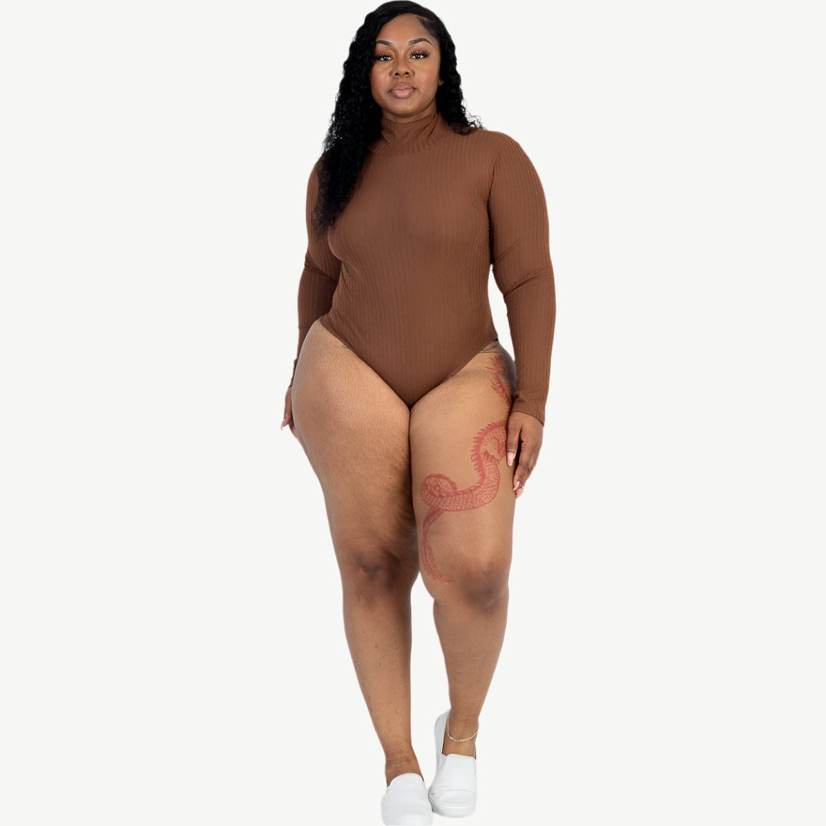 Plus Size Ribbed Turtleneck Long Sleeve Bodysuit