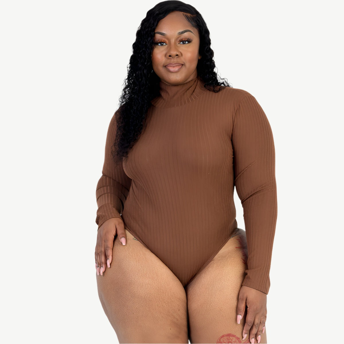 Plus Size Ribbed Turtleneck Long Sleeve Bodysuit