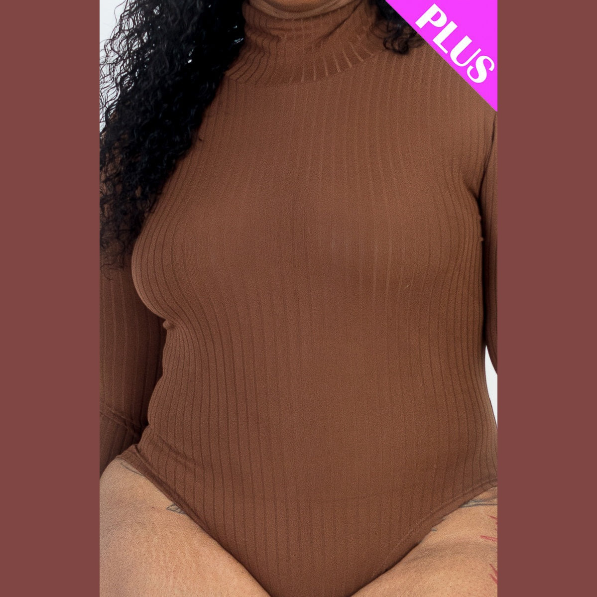 Plus Size Ribbed Turtleneck Long Sleeve Bodysuit