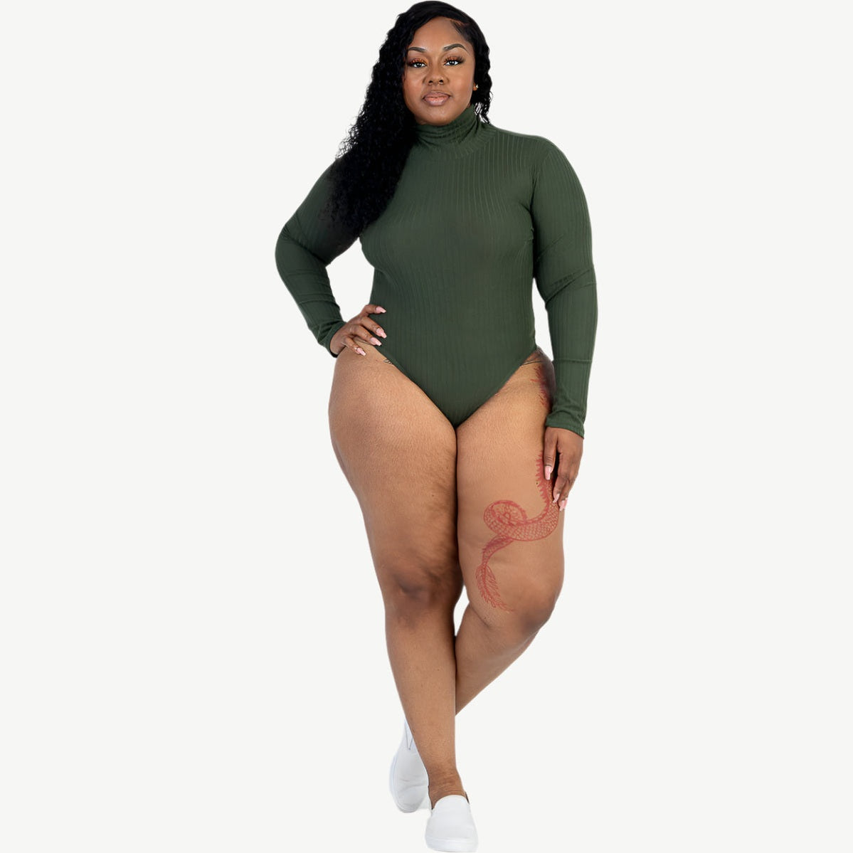 Plus Size Ribbed Turtleneck Long Sleeve Bodysuit