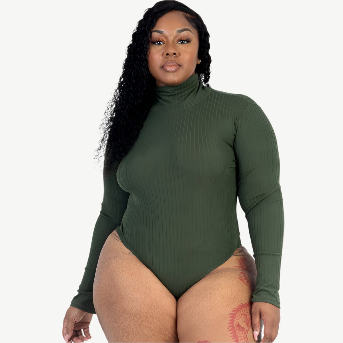 Plus Size Ribbed Turtleneck Long Sleeve Bodysuit