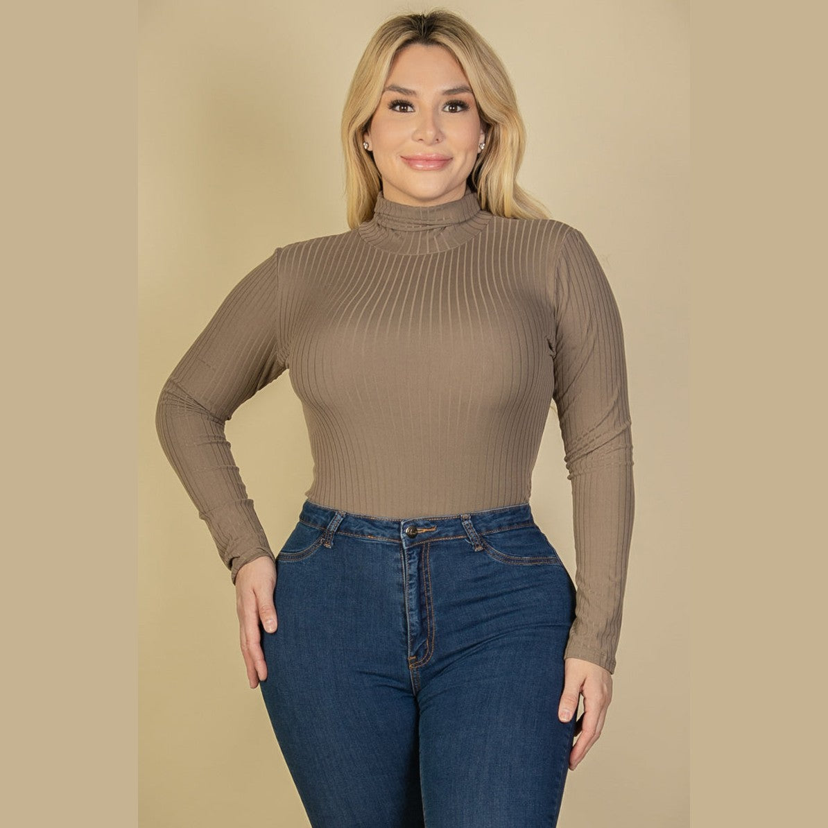 Plus Size Ribbed Turtleneck Long Sleeve Bodysuit