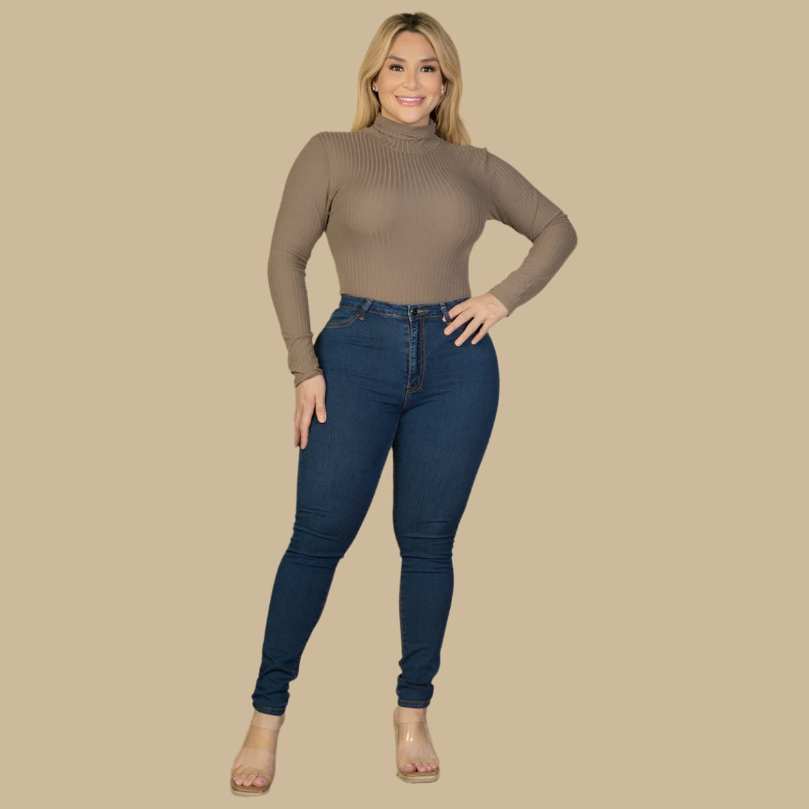 Plus Size Ribbed Turtleneck Long Sleeve Bodysuit