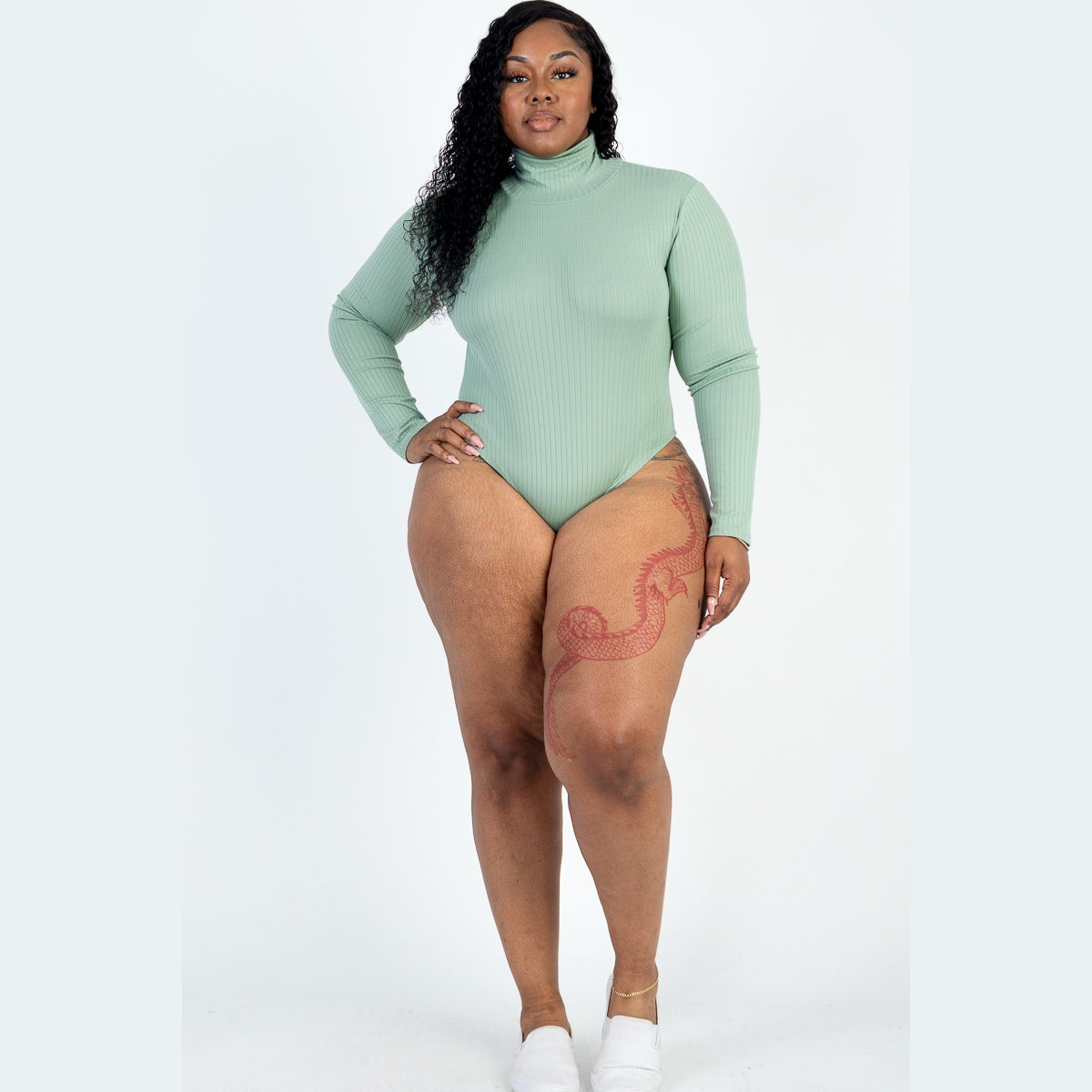 Plus Size Ribbed Turtleneck Long Sleeve Bodysuit