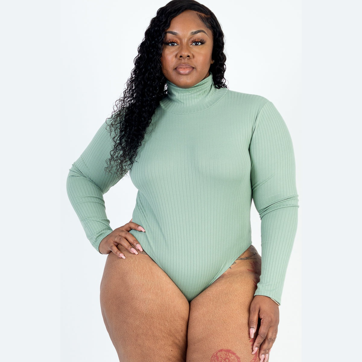 Plus Size Ribbed Turtleneck Long Sleeve Bodysuit