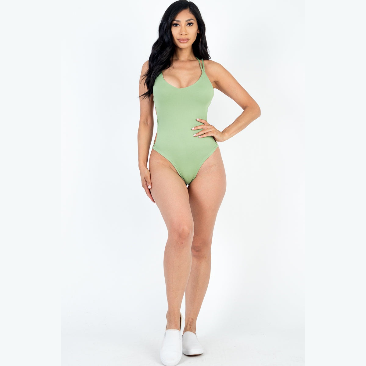 Sexy Solid Color Crisscross Back V-neck Bodysuit