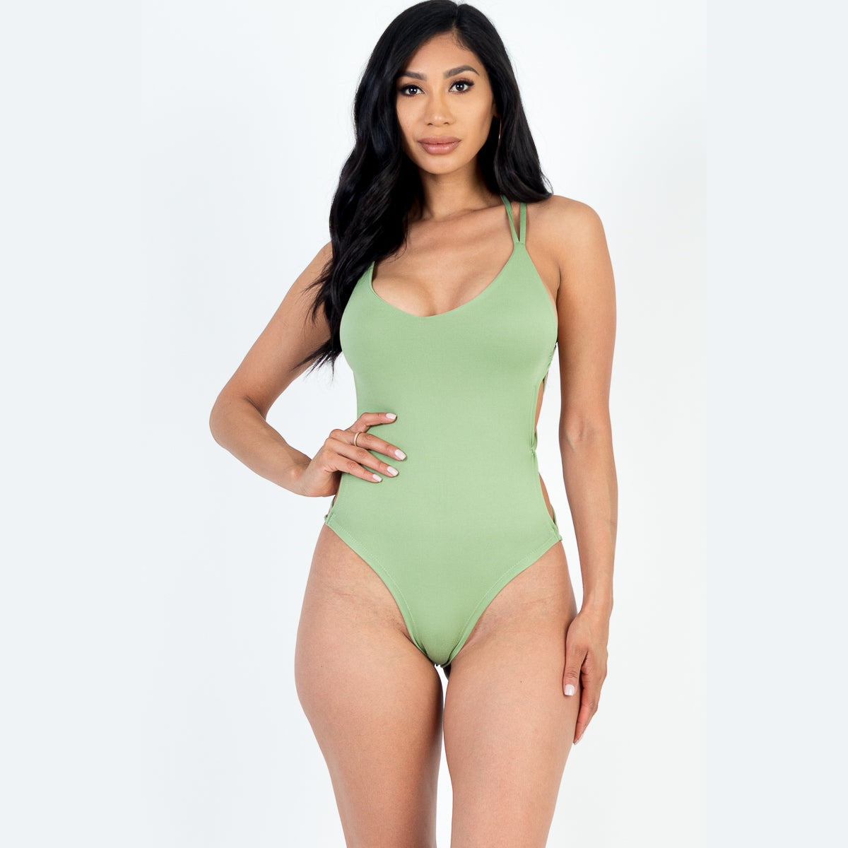 Sexy Solid Color Crisscross Back V-neck Bodysuit