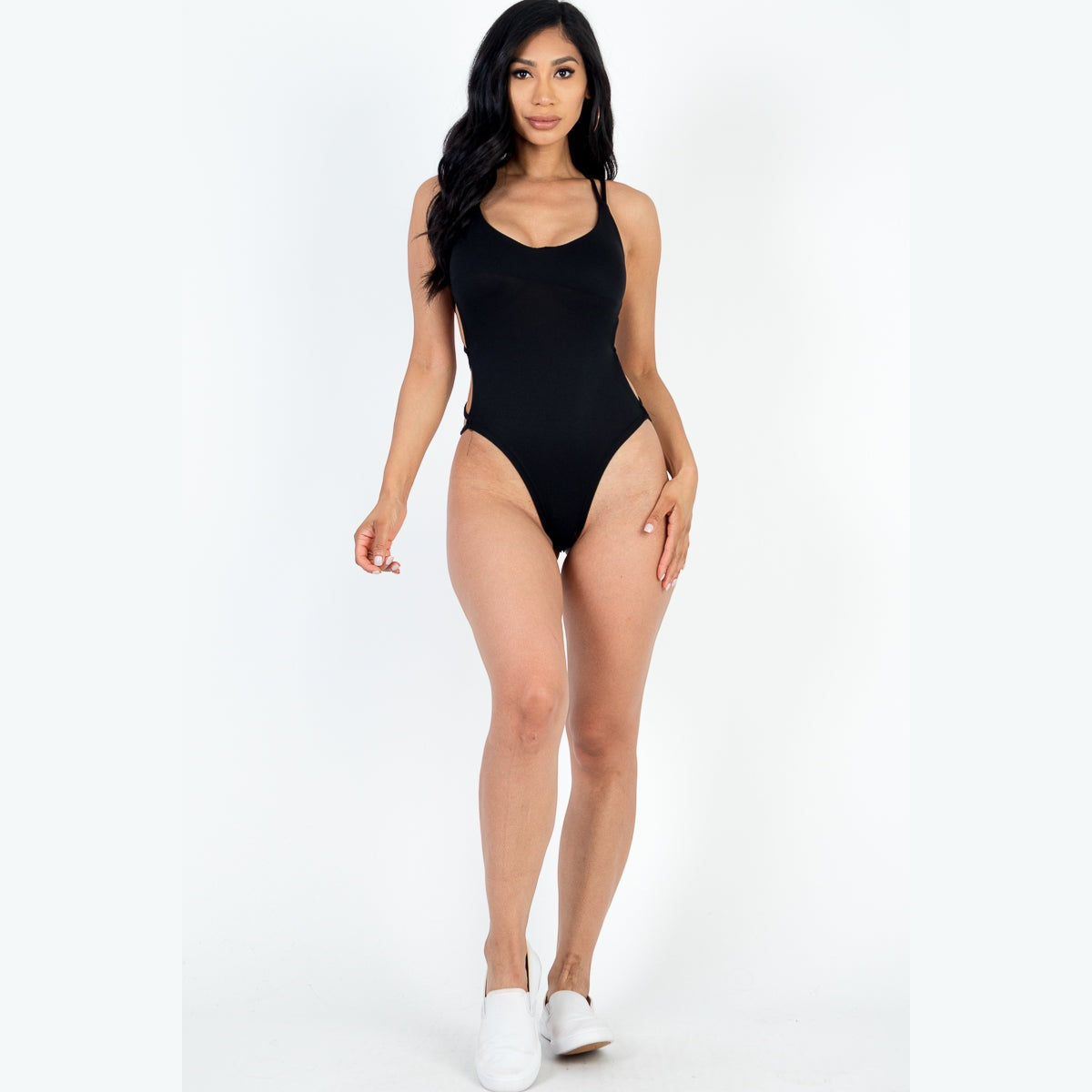 Sexy Solid Color Crisscross Back V-neck Bodysuit