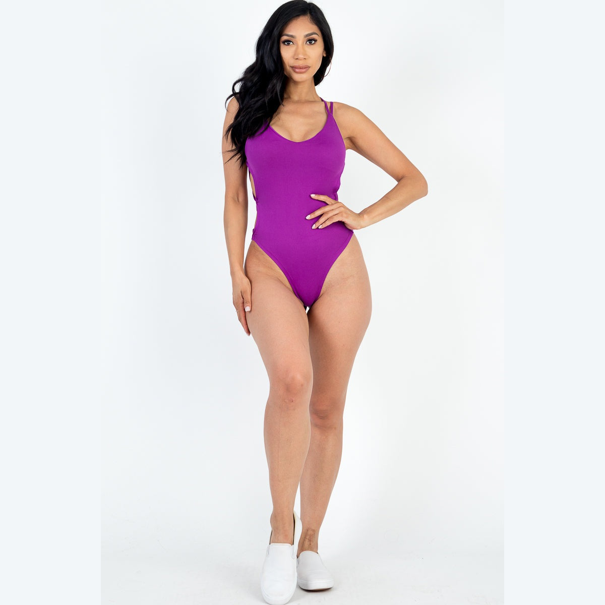 Sexy Solid Color Crisscross Back V-neck Bodysuit