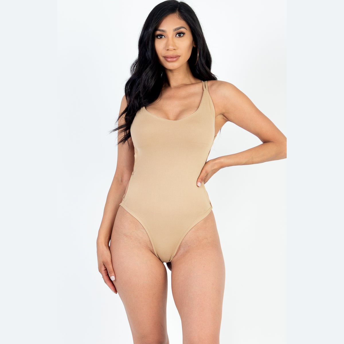 Sexy Solid Color Crisscross Back V-neck Bodysuit