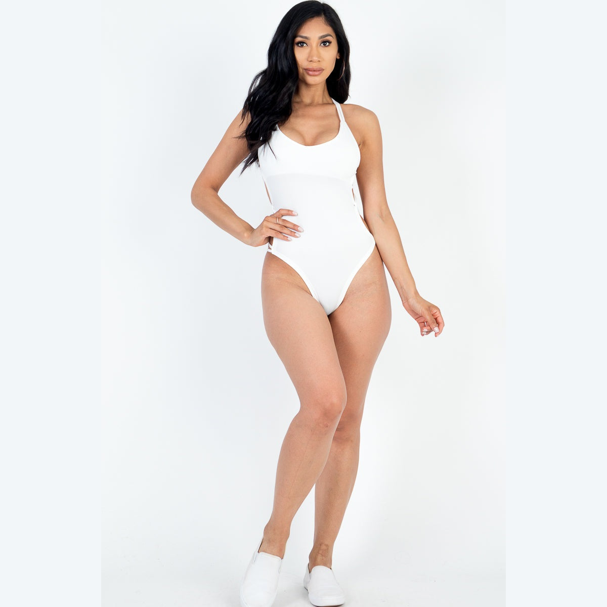 Sexy Solid Color Crisscross Back V-neck Bodysuit