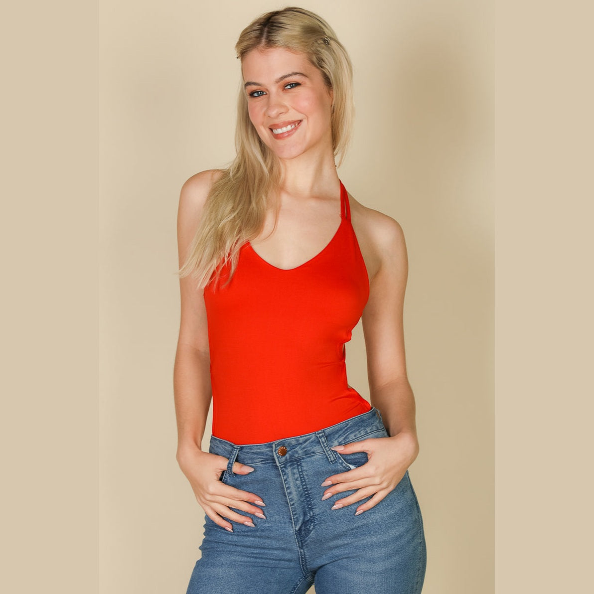 Sexy Solid Color Crisscross Back V-neck Bodysuit