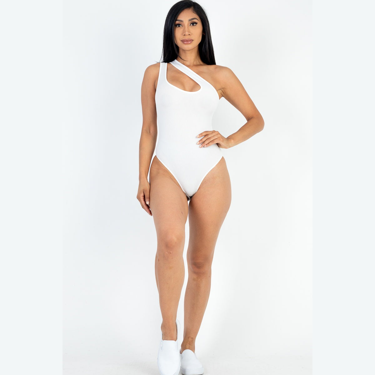 One Shoulder Cut Out Rib Knit Bodysuit