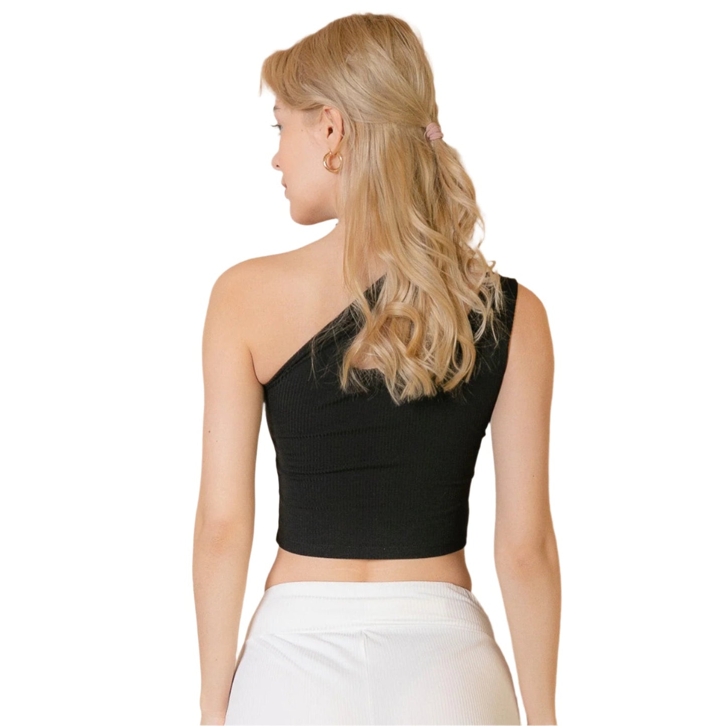 Ribbed One Shoulder Cross Strap Crop Top