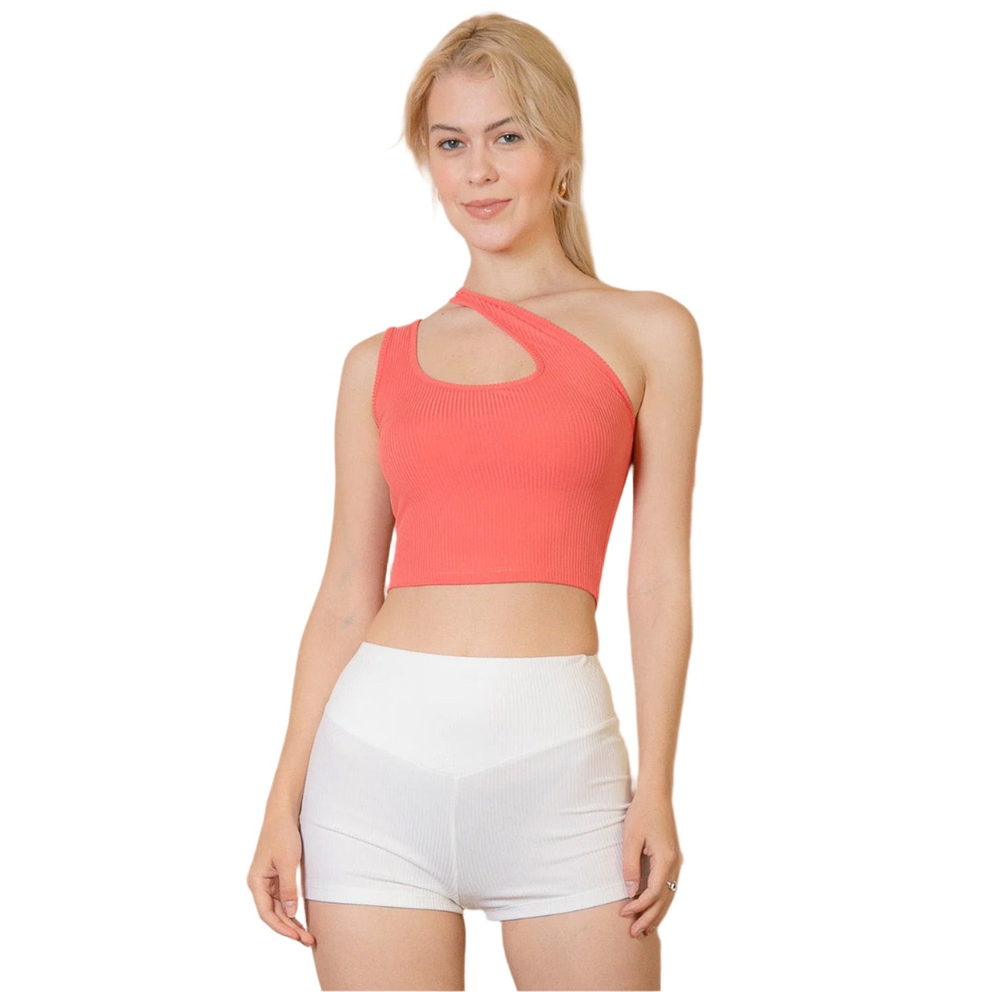 Ribbed One Shoulder Cross Strap Crop Top