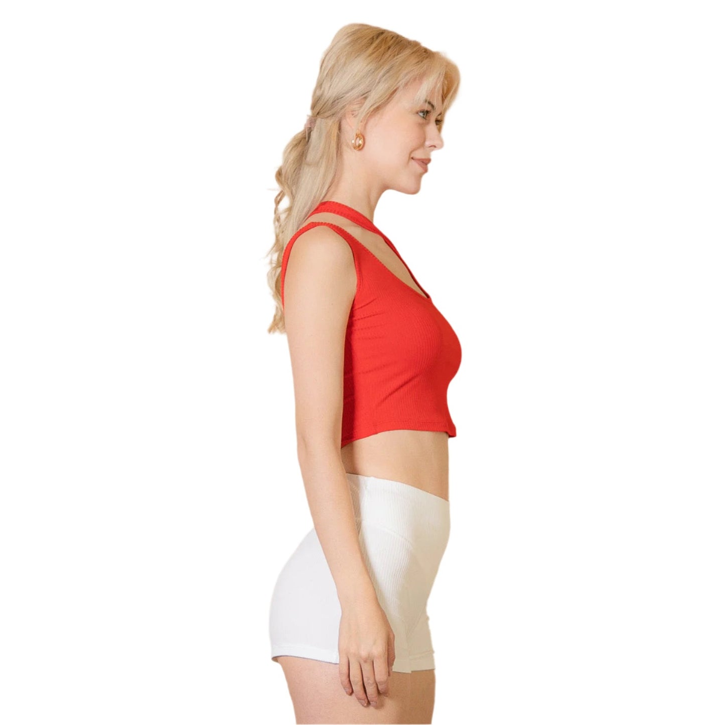 Ribbed One Shoulder Cross Strap Crop Top